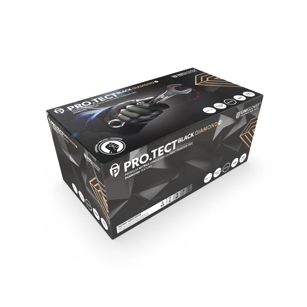 CASE - Uniglove PRO.TECT BLACK Diamond HD – Disposable Heavy Duty Black Nitrile Gloves 10 x 100pk