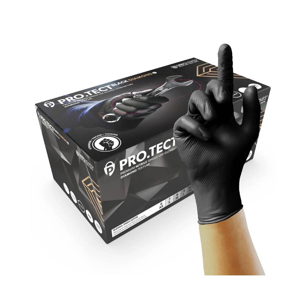 Uniglove PRO.TECT BLACK Diamond HD – Disposable Heavy Duty Black Nitrile Gloves 100pk