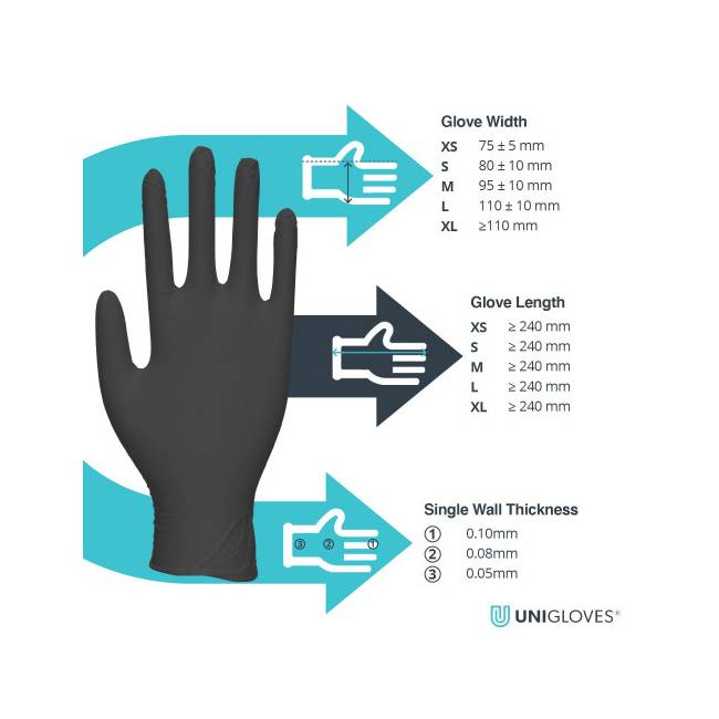 uniglove black pearl size guide gloves